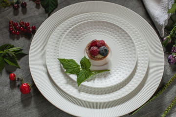 dessert with berries and mint