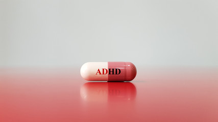 Medication capsule for treatment ADHD(Attention deficit hyperactivity disorder)on red white background. This is mental disorder of neural development cause behavior problem. Medical technology concept - obrazy, fototapety, plakaty