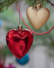 Red and gold hearts oln pine tree