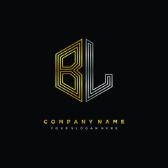 Initial letter BL, minimalist line art monogram hexagon logo, gold and silver color gradation