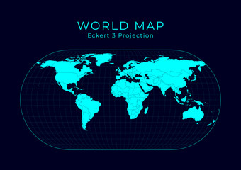 Map of The World. Eckert III projection. Futuristic Infographic world illustration. Bright cyan colors on dark background. Astonishing vector illustration.