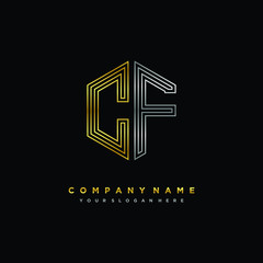 Initial letter CF, minimalist line art monogram hexagon logo, gold and silver color gradation