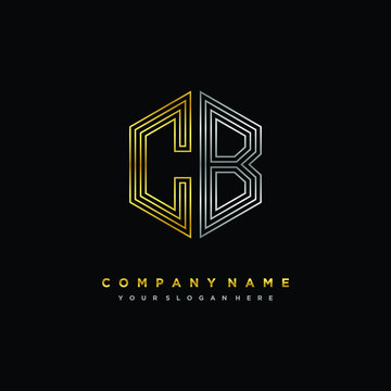 Initial letter CB, minimalist line art monogram hexagon logo, gold and silver color gradation