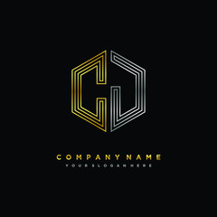 Initial letter CJ, minimalist line art monogram hexagon logo, gold and silver color gradation