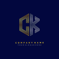 Initial letter CK, minimalist line art monogram hexagon logo, gold and silver color gradation