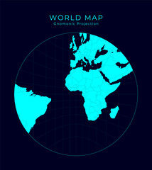Map of The World. Gnomonic projection. Futuristic Infographic world illustration. Bright cyan colors on dark background. Superb vector illustration.
