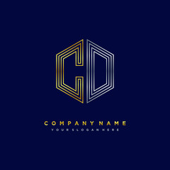 Initial letter CD, minimalist line art monogram hexagon logo, gold and silver color gradation