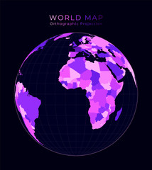 World Map. Orthographic projection. Digital world illustration. Bright pink neon colors on dark background. Elegant vector illustration.