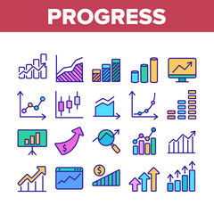 Progress Grow Graphs Collection Icons Set Vector Thin Line. Progress Arrow On Screen Web Site, Magnifier And Dollar Coin Concept Linear Pictograms. Color Illustrations