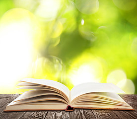 Open old hardcover book on wooden table against blurred green background