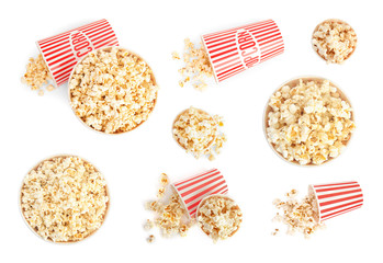 Set of buckets with tasty pop corn on white background, top view