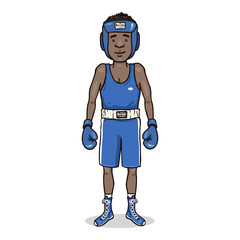 Vector Cartoon Character Young African Man in Blue Boxing Equipment
