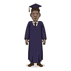 Vector Cartoon Afro American Man in Dark Blue Graduation Gown and Academic Hat