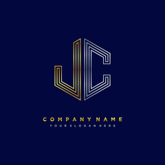 Initial letter JC, minimalist line art monogram hexagon logo, gold and silver color gradation