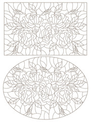 Set of contour illustrations of stained glass Windows with roses  , oval and rectangular image, dark contours on a white background