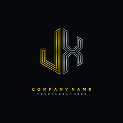 Initial letter JX, minimalist line art monogram hexagon logo, gold and silver color gradation