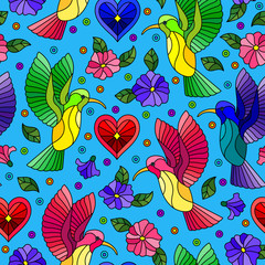 Seamless pattern with bright Hummingbird birds and flowers on a blue background