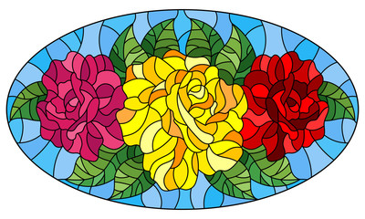 Illustration in stained glass style with flowers, buds and leaves of  roses on a blue background , oval image 