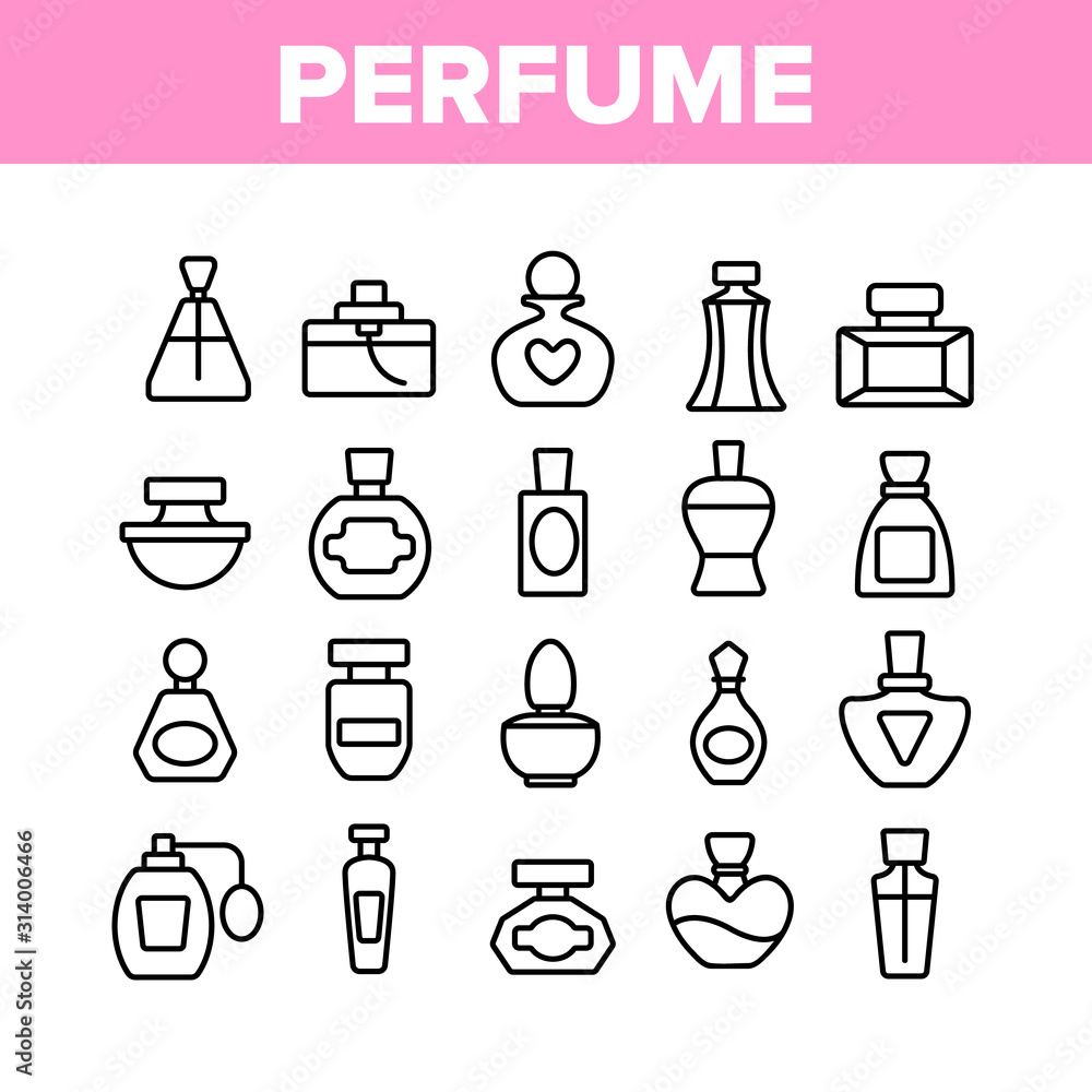 Poster perfume containers collection icons set vector thin line. glass bottles with aromatic perfume in dif