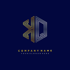 Initial letter KQ, minimalist line art monogram hexagon logo, gold and silver color gradation