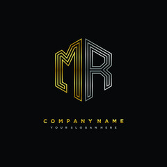 Initial letter MR, minimalist line art monogram hexagon logo, gold and silver color gradation