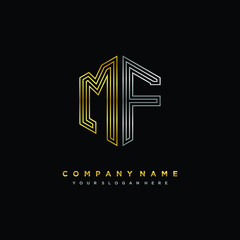 Fototapeta premium Initial letter MF, minimalist line art monogram hexagon logo, gold and silver color gradation