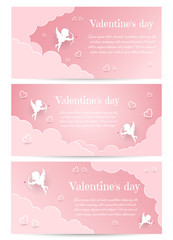 Valentines Day card design set. Cupid silhouette with bow and arrow. Pink white heart background. Flying Angel. Amur symbol of love for Valentine's Day