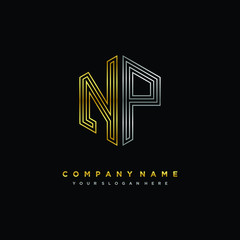 Initial letter NP, minimalist line art monogram hexagon logo, gold and silver color gradation