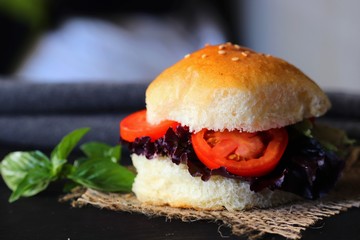 Fresh lettuce and tomato burger, Healthy burger on black background, Moody photography