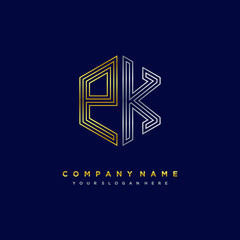 Initial letter PK, minimalist line art monogram hexagon logo, gold and silver color gradation