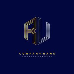 Initial letter RU, minimalist line art monogram hexagon logo, gold and silver color gradation
