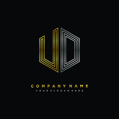Initial letter UD, minimalist line art monogram hexagon logo, gold and silver color gradation
