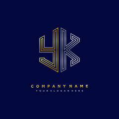 Initial letter YK, minimalist line art monogram hexagon logo, gold and silver color gradation