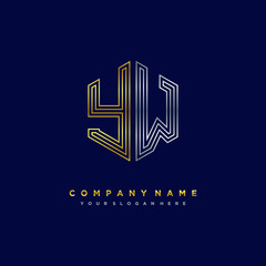 Initial letter Y, minimalist line art monogram hexagon logo, gold and silver color gradation