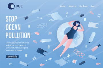 Stop ocean pollution landing page template. Various plastic garbage in sea. Woman floats on an rubber ring in dirty water.