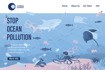 Underwater world with plastic trash and various garbage. Stop ocean pollution landing page template.