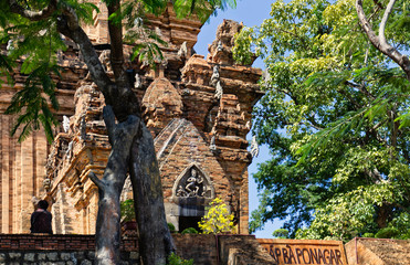 Fototapeta na wymiar Ancient temple of Po Nagar (Thap Ba Po Nagar). Hindu religion and architecture. Nha Trang, Vietnam. Translated inscription: Po Nagar Tower