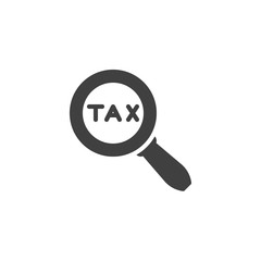 Tax search vector icon. filled flat sign for mobile concept and web design. TAX analysis magnifier glyph icon. Symbol, logo illustration. Vector graphics