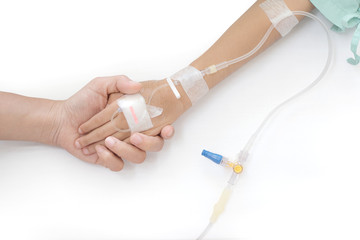 Health care medical. Closeup hands of mother and sick little girl holding together on sickbed in hospital to give encouragement.