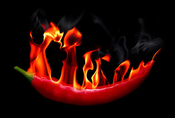 Red Hot chili pepper on fire and smoke