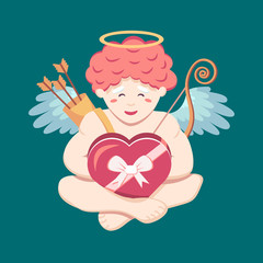 Cute little angel cupid is happy with a box of chocolates with a ribbon and a bow in his hands. Cherub levitates. Vector isolated illustration for the seasonal ferval holiday of St. Valentine's Day.