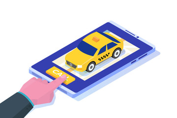 Ordering taxi online mobile app isometric concept. Vector illustration