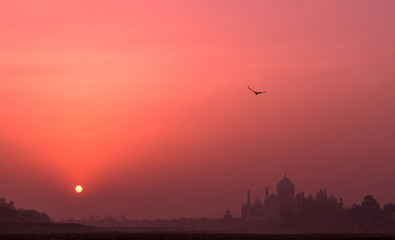 Silhouettes of majestic ancient Taj Mahal temple and a soaring eagle on the background of pink sky at sunrise; UNESCO world heritage, bank of the Yamuna river in Agra, India