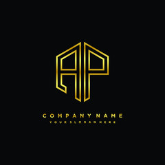 Initial letter AP, minimalist line art monogram hexagon logo, gold color