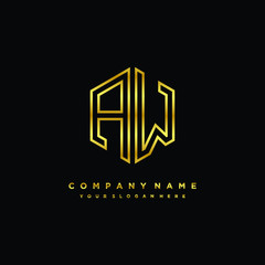 Initial letter AW, minimalist line art monogram hexagon logo, gold color