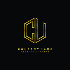 Initial letter CU, minimalist line art monogram hexagon logo, gold color