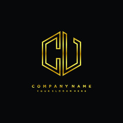 Initial letter CV, minimalist line art monogram hexagon logo, gold color