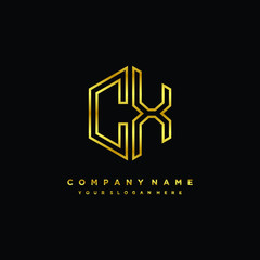 Initial letter CX, minimalist line art monogram hexagon logo, gold color