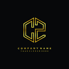 Initial letter CZ, minimalist line art monogram hexagon logo, gold color