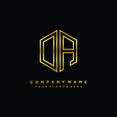 Initial letter DA, minimalist line art monogram hexagon logo, gold color